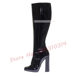 Black Patent Block Heel Knee High Boots Women Trending Slim Round Toe Boots Ladies Stylish Side Zipper Winter Fashion Shoes