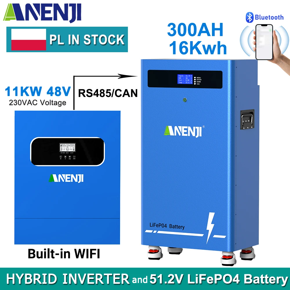 Invertisseur hybride ANENJI 11KW 48V, batterie LiFePO4 51.2V 300Ah 16Kwh et BMS 200Ah 6000 cycles, stockage d'énergie solaire, STOCK UE/PL