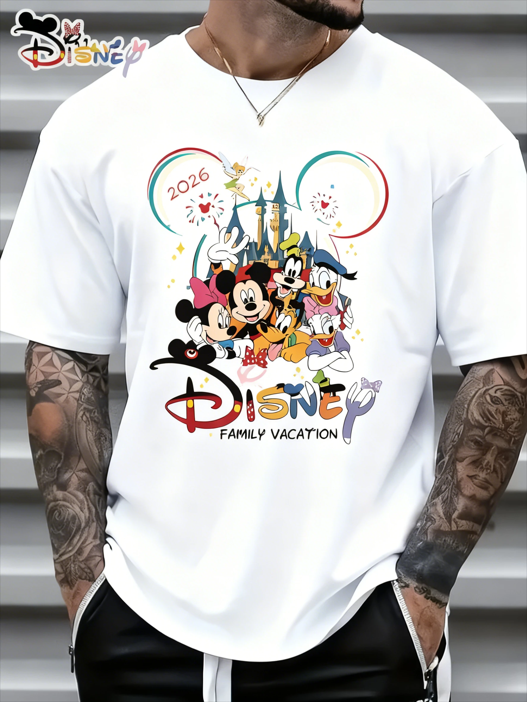 

Футболка с принтом Disney Cartoon Castle Co Branded, 2026, мужская и женская, летняя, новая, в стиле Харадзюку, свободного кроя, повседневная, с коротким рукавом