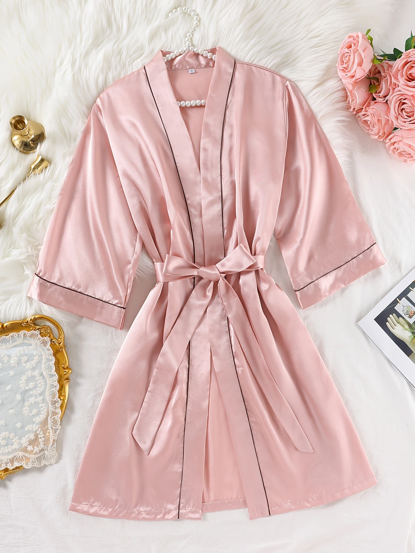 Women Satin Kimono Robe Contrast Piping 3/4 Sleeve Belted Nightgown Ladies Silk Bathrobe Elegant Sleepwear Home Loungewear