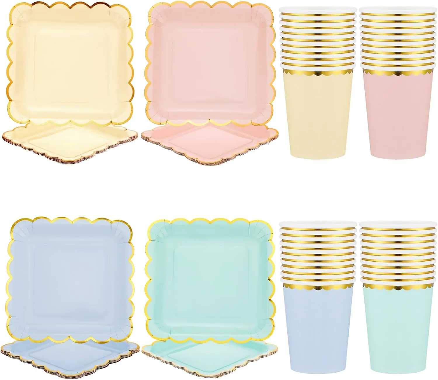 

80 Pcs Pastel Scalloped Paper Plates and Cups Pastel Party Supplies, 9 Inch Party Plates 9 oz Colored Cups Disposable Di
