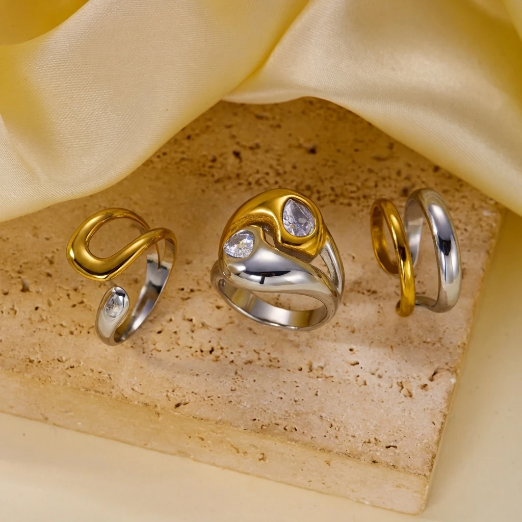 Edelstahl Zweifarbiger Ring für Frauen Trendiger Parallel-Doppellinien-Ring mit Unregelmäßiger Geometrie Stapelbarer Ring Wasserfester Alltagsschmuck – Detail 5