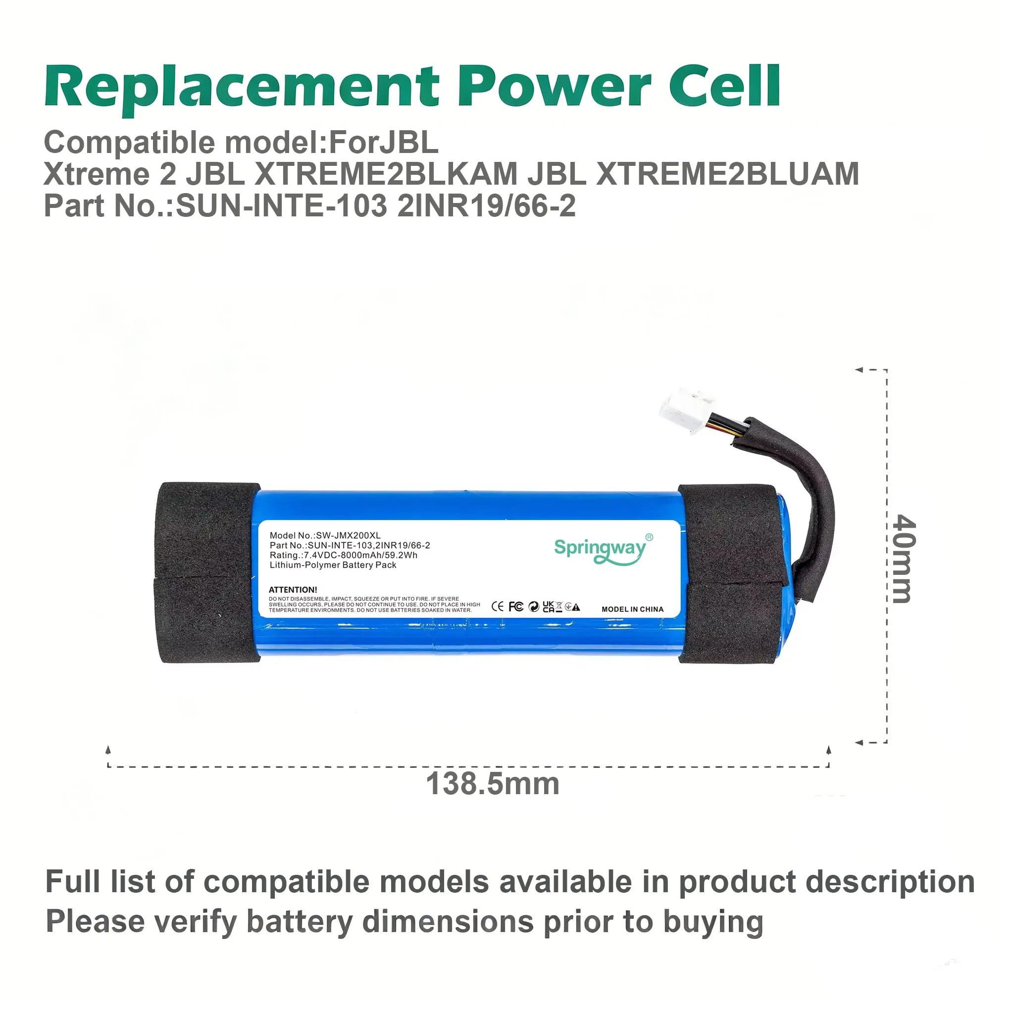 Speaker Battery 2INR19/66-2, SUN-INTE-103 for JBL JBLXTREME2BLKAM, JBLXTREME2BLUAM, Xtreme 2  8000mAh