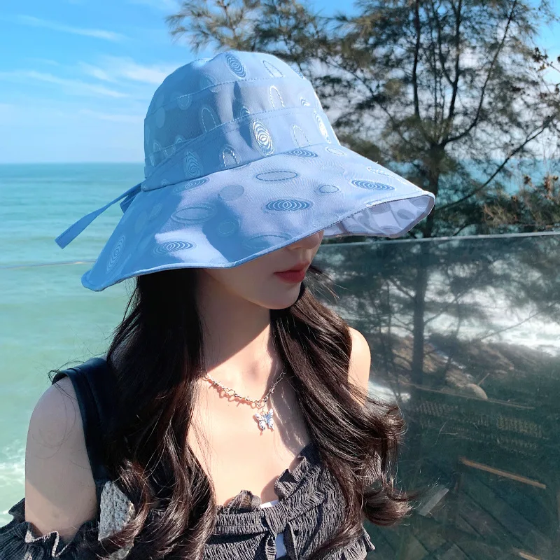 2023 Korean Style Spring and Autumn New Female Organza Embroidery Dot Bucket Summer Travel Protection Sun Hat