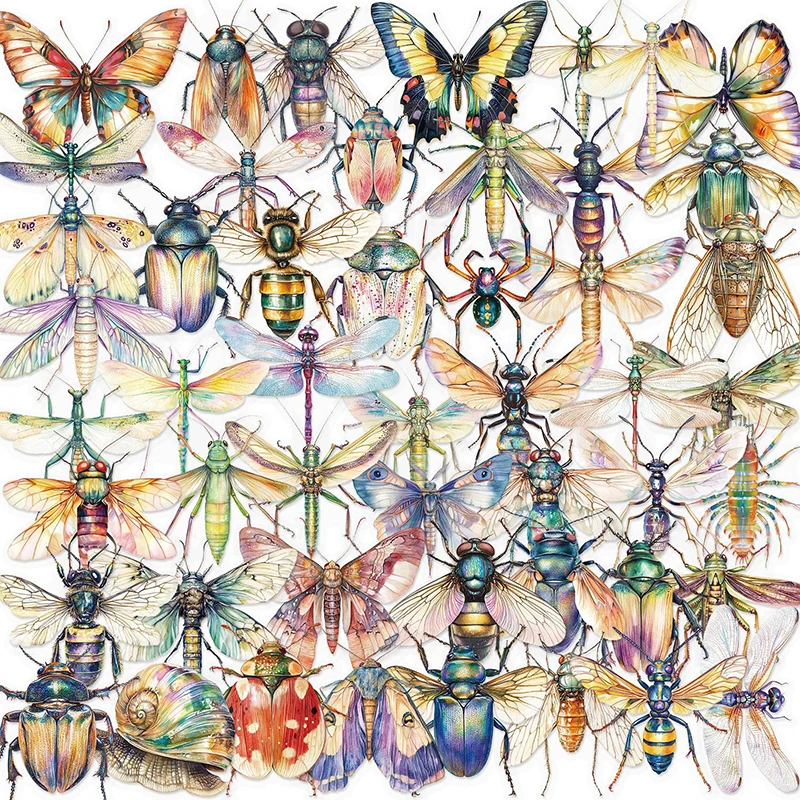 50PCS Cartoon Nature Insect Stickers Snail Bee Pattern PET Transparent Decals Kids Water Bottle Laptop Notebook Stationery Toys