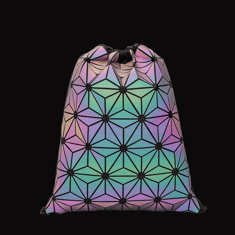 New Women Drawstring Backpacks Holographic Bagpack Female Luminous Geometric Backpack For Teenage Girls School Bag Beach Bao Bag