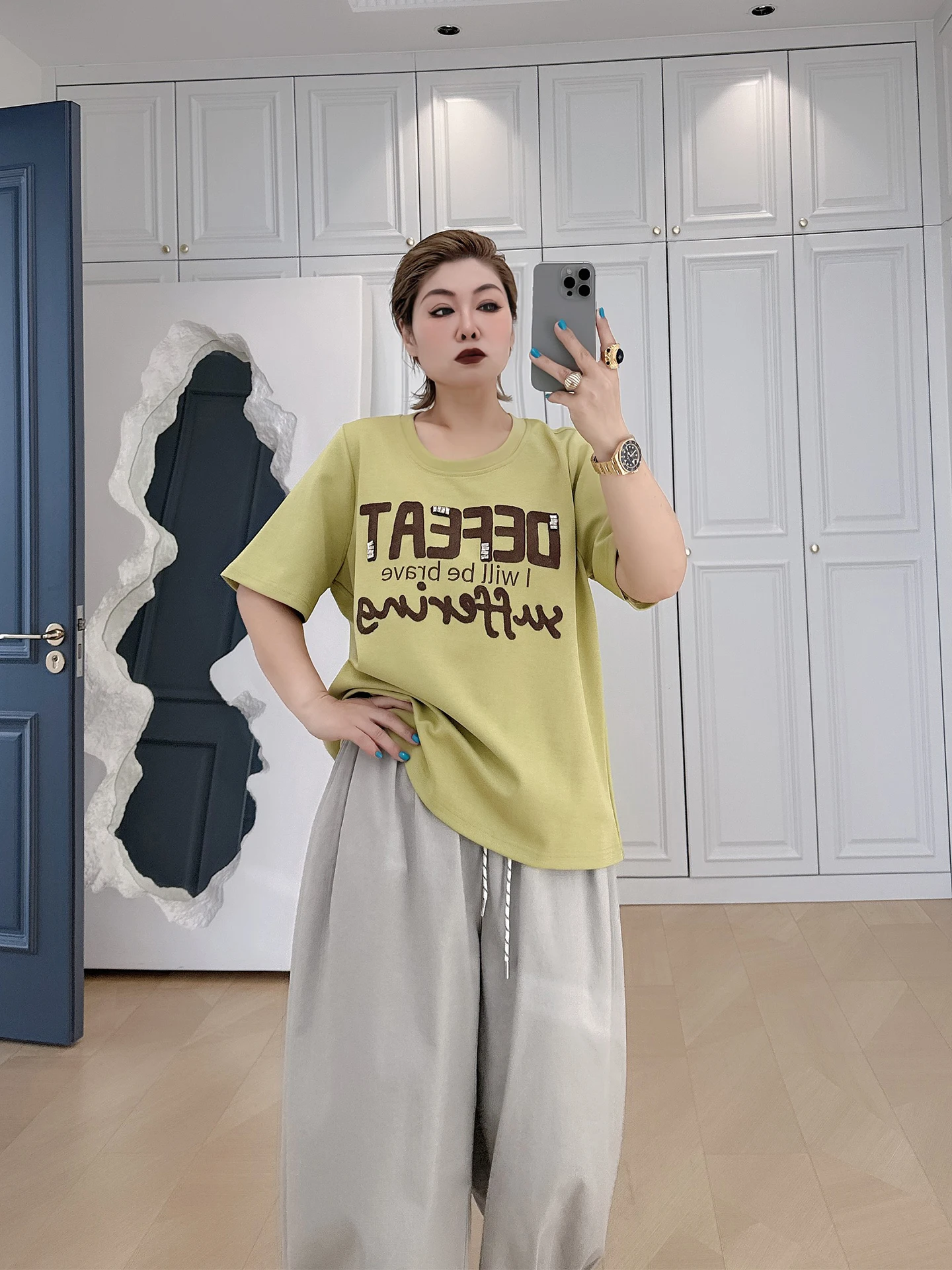 

American Retro Short Sleeve T-Shirt plus Size Women's Shoulder Length Super Slimming Casual Style Versatile Top for Heavy Girls