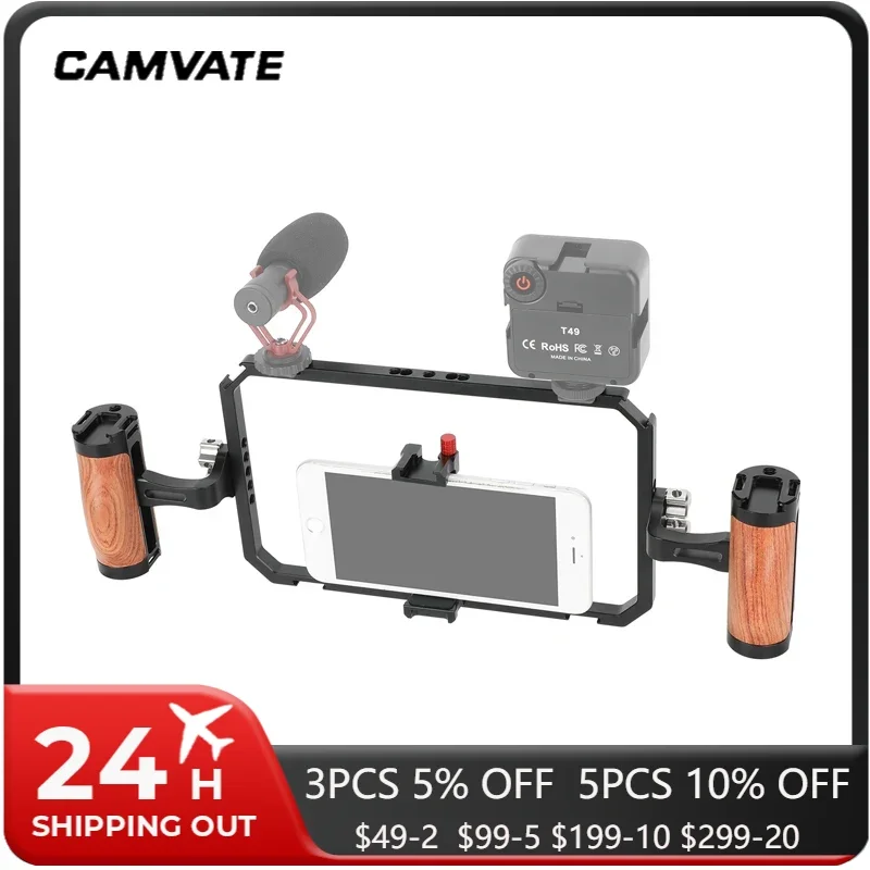 CAMVATE Universal Smartphone Video Rig with Dual Wooden Handles For iPhone Android Phone Video Rig Kit