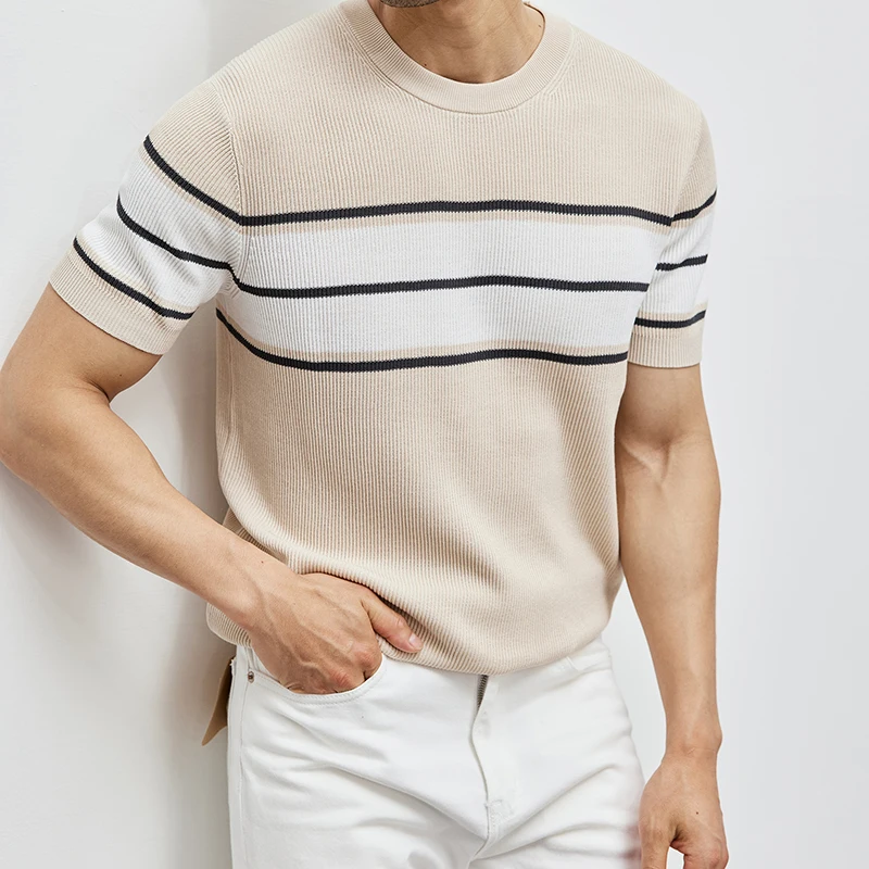 Summer men's high appearance level craft color contrast striped casual knitted pullover round neck short-sleeved T-shirt