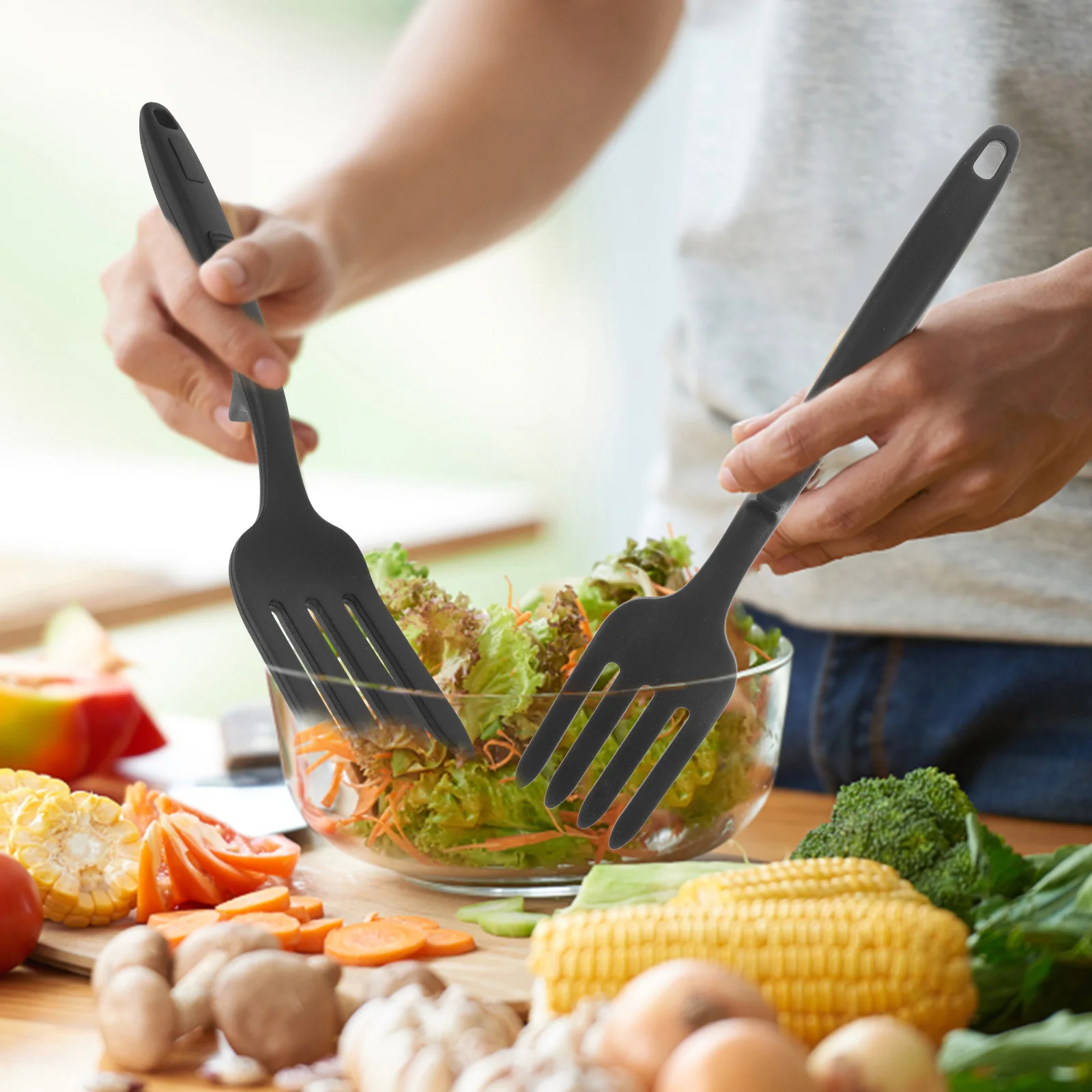 Garfo de cozinha de silicone, 2 peças, qualidade premium, prático, salada, macarrão, macarrão, aparelho de cozinha, jantar ergonômico, gel de sílica