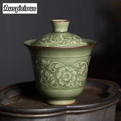 140ml Antique Relief Twine Pattern Gaiwan Chinese Longquan Celadon Tea Tureen Retro Tea Brewing Cover Bowl for Tea Collection