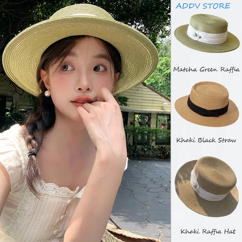 

Summer Hemp Yarn Turquoise Embellishment Straw Sun Hats for Women Ladies Flat Brim Ribbon Beach Sunscreen Travel Dress Gorros