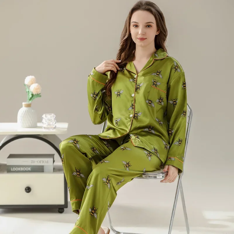 Damen Pyjama Sets Frühling 2 Stück Tier Biene Print Pyjama Faux Seide Satin Nachtwäsche Langarm Pijama Mujer Pyjs Homewear