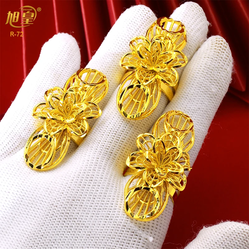 XUHUANG France Gold Color Long Charm Ring 24K Gold Plated Fashion Design Flowers Dubai Ethiopian Party Wedding Gifts Wholesale