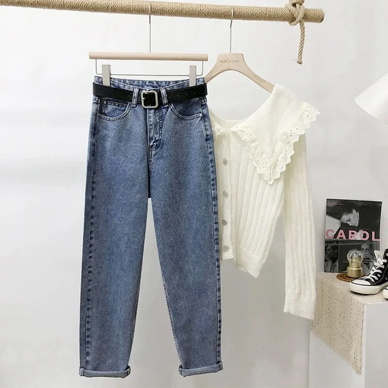 Spring Autumn 2021 New Korean Style Petite Straight-Leg Jeans High-Waisted Slimming Women's Clothing Harelot Slim Fit Denim Pant