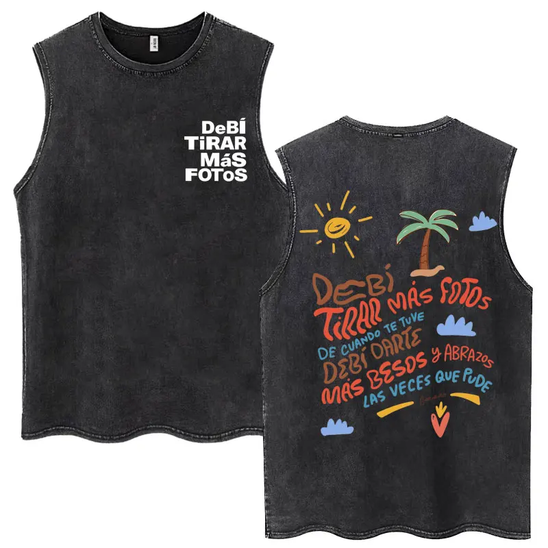 Rapper Bad Bunny Debi Tirar Mas Fotos DTMF Washed Tank Tops Men Women Fashion Hip Hop Vests Oversized Cotton Sleeveless T-shirts
