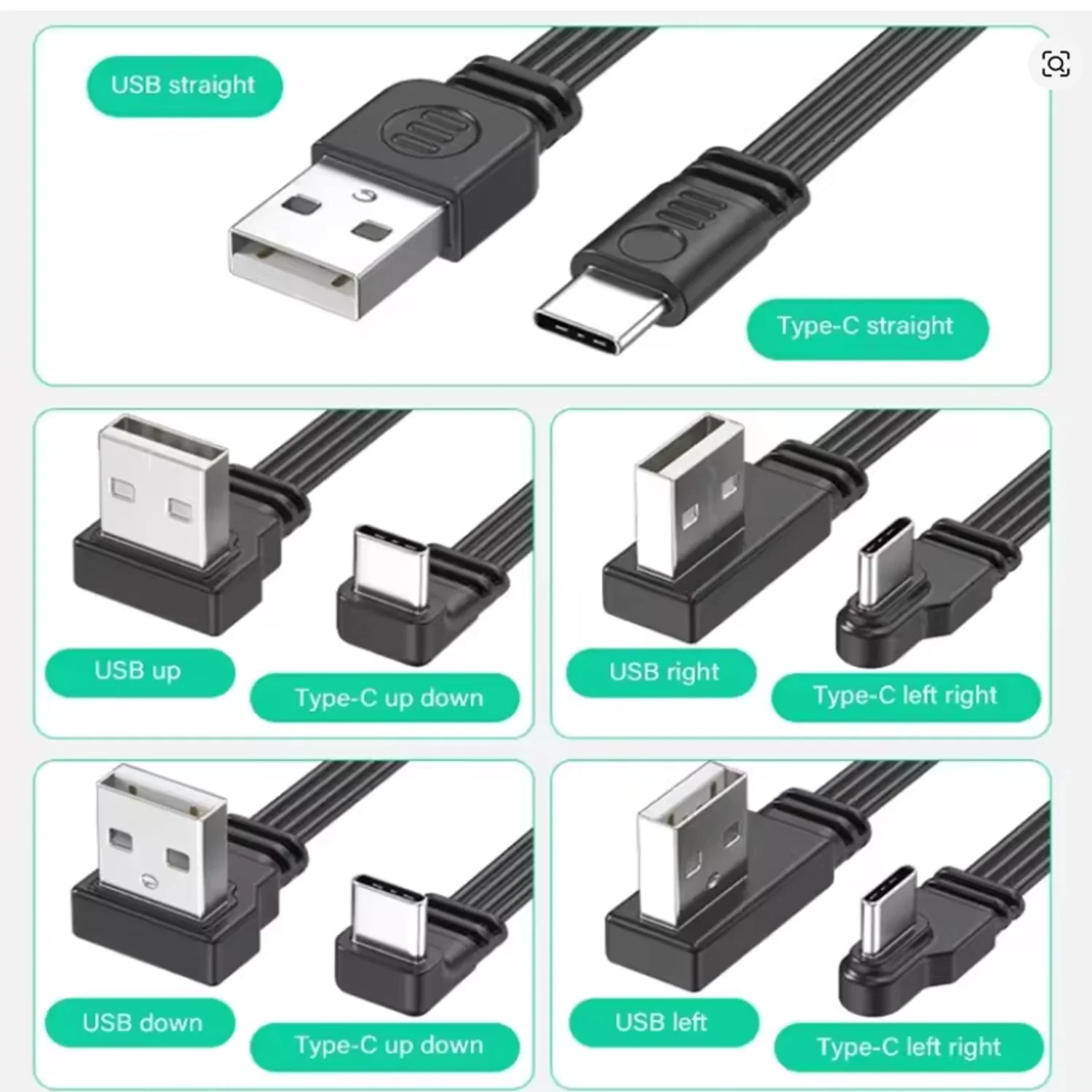 

10CM-100CM Flat Flexible straight&Up & Down & Left & Right Angled 90 Degree Usb Male to Type C Male charging and Data Cable