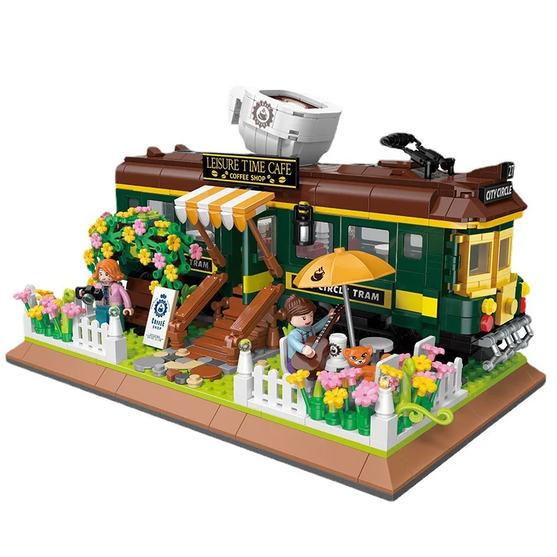 Creative Train Cafe Street View Series Building Blocks Model Decoration Puzzle Assembly Toys For Gift