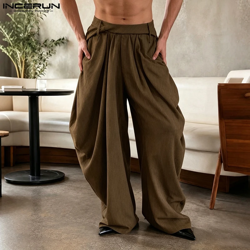 INCERUN Men's Striped Pants Elastic Waist Joggers Pleated Loose Wide Leg Trousers For Man Streetwear 2026 Oversize Casual Pants