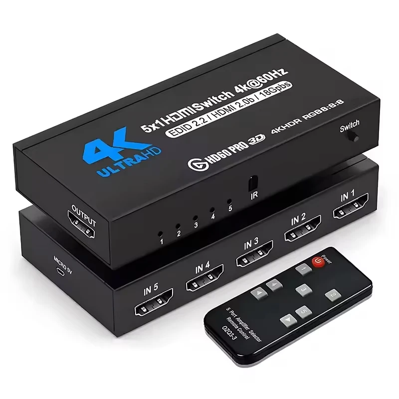 5 in 1 Out 4K HDR HDMI 2.0 Switcher 5X1 5 Ports 4K 60Hz HDMI Switch HDCP 2.2 HDR10 with IR Remote Control For PS5 Apple TV