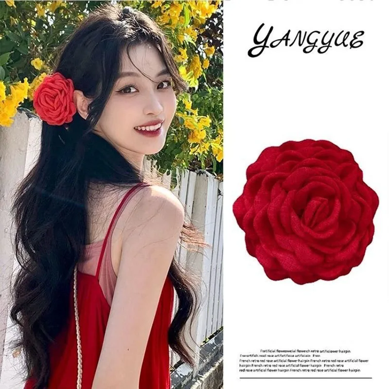 Zhao Lusi\'s Same Style Red Rose Gripper Three-Dimensional Flower Headdress On The Back Of The Head