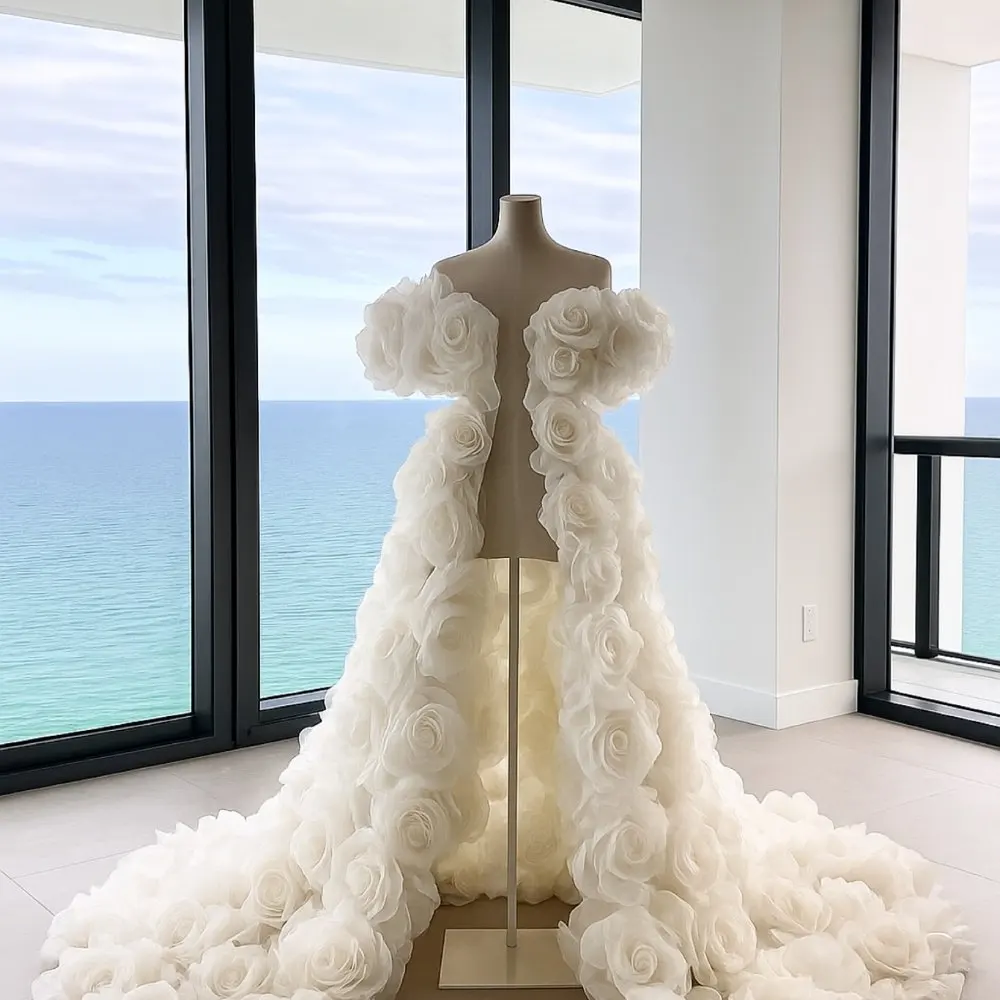 معطف أبيض أنيق ثلاثي الأبعاد على شكل حرف A - تصميم زهور كبير الحجم، قماش شفاف خفيف الوزن، مثالي لحفلات الزفاف والسجادة الحمراء #1