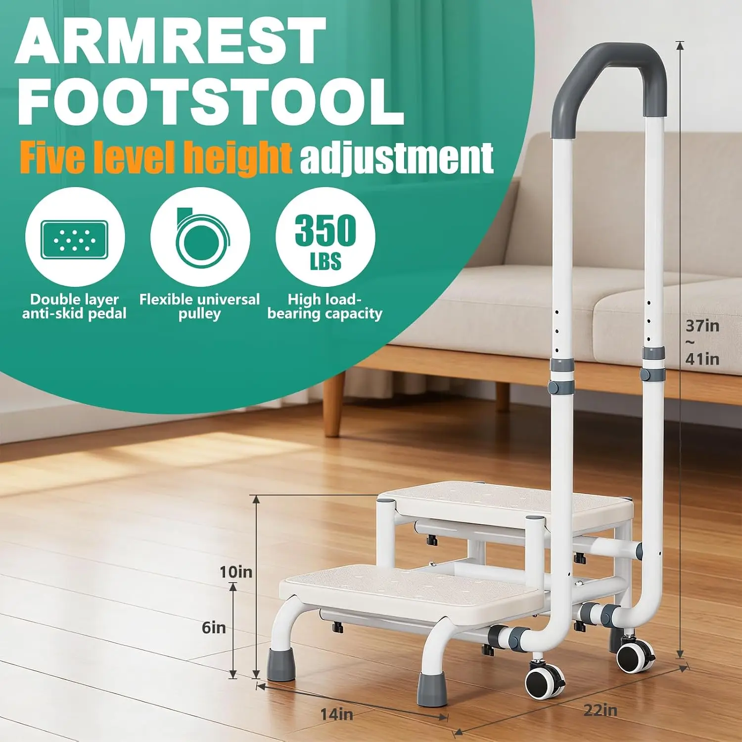 Portable Step Stool with Handle and Non-Skid Platform, Heavy Duty 2 Steps Medical Foot Stool for Adult, Seniors, Handicap Holds up to 350 lbs view 2