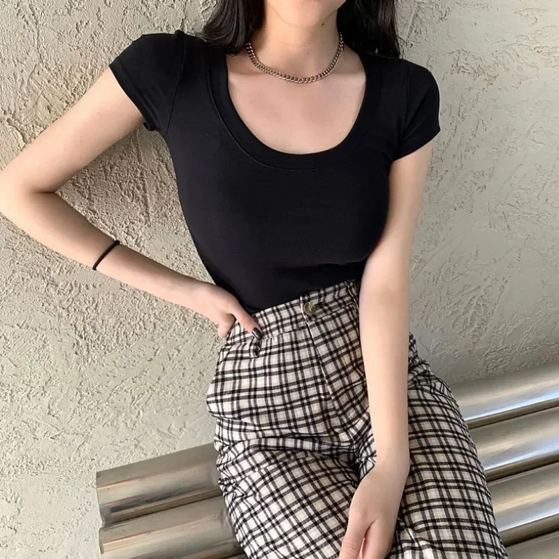 

Summer T Shirt for Women Cotton White Tops Slim O Neck Women's Tee Shirt Pink Solid New T Shirts Women 2024 T-shirts Femme