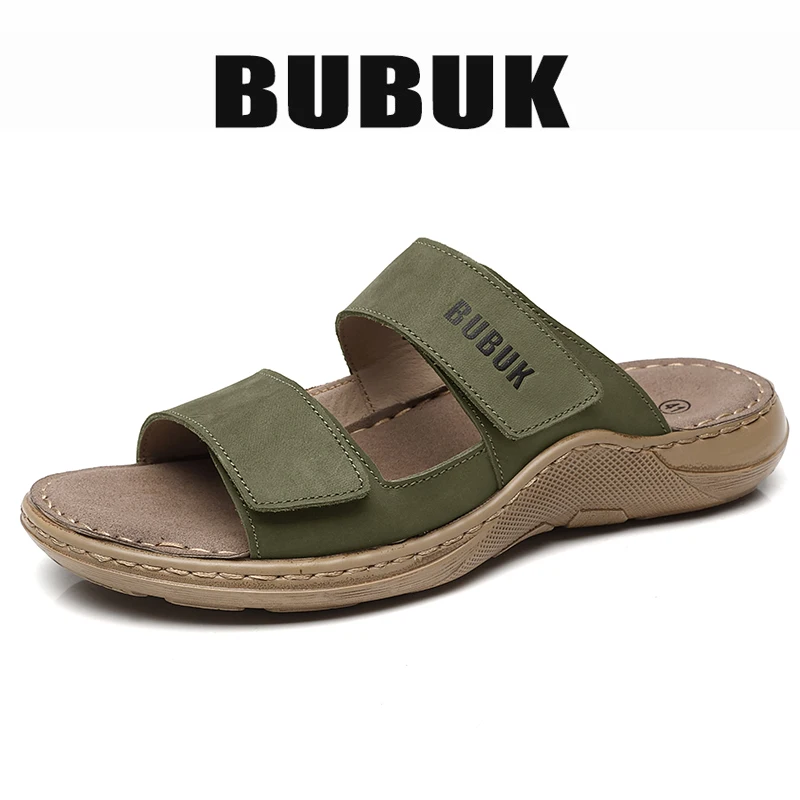 Bubuk Men's Genuine Leather Slip-On Slippers, Made with Top-Grain Cowhide Upper, Outdoor Beach Sandals, Lightweight and Comfortable, Suitable for Outdoor Activities, Work, and Travel