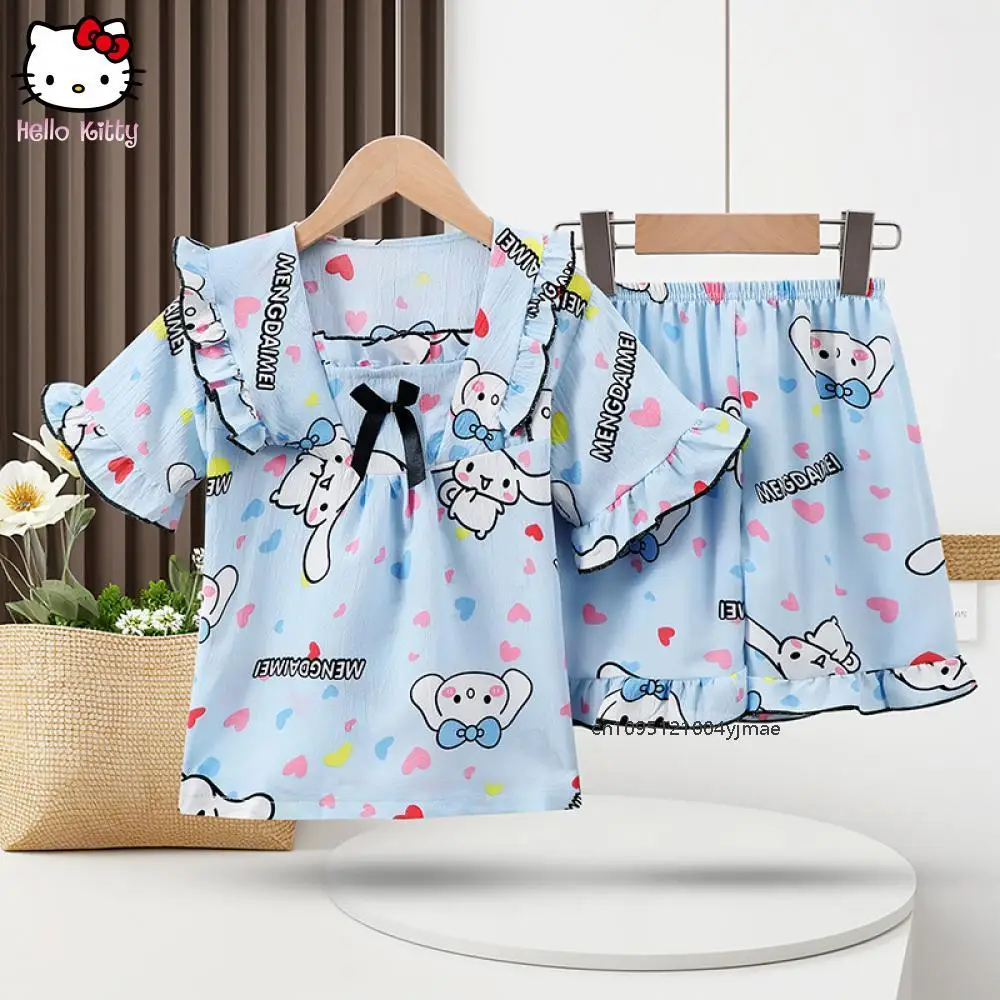 

Summer New Sanrio Cinnamoroll 3-15Y Girls Pajama Sets Kawaii Short-Sleeve Top Shorts Suit Kids Pjs Nightwear Cartoon Pajamas Set