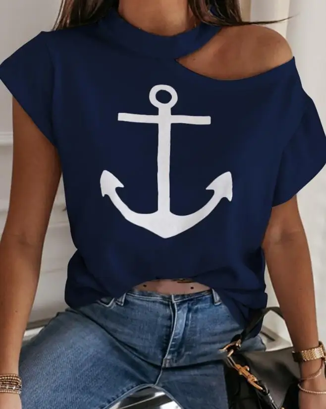 

New Fashion 2023 Casual Summer Short Sleeve Boat Anchor Print Cold Shoulder Casual T-Shirt Pullover Tops