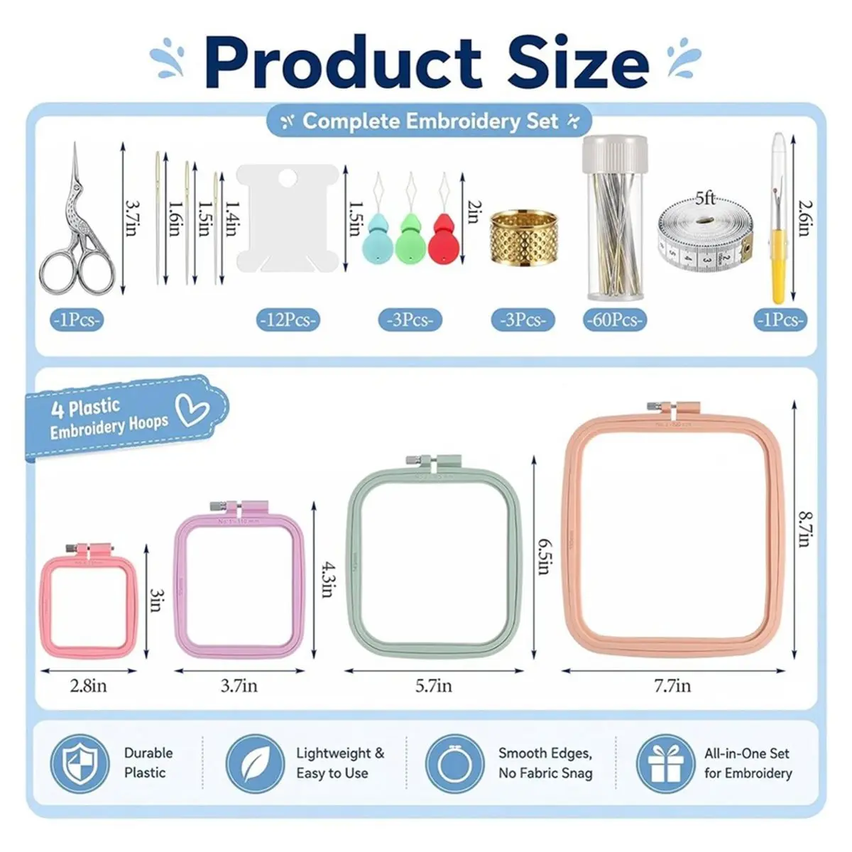 85-Piece Embroidery Kit for Beginners, with Square Hoops, Needles, Scissors, Floss, Bobbins & Seam Ripper