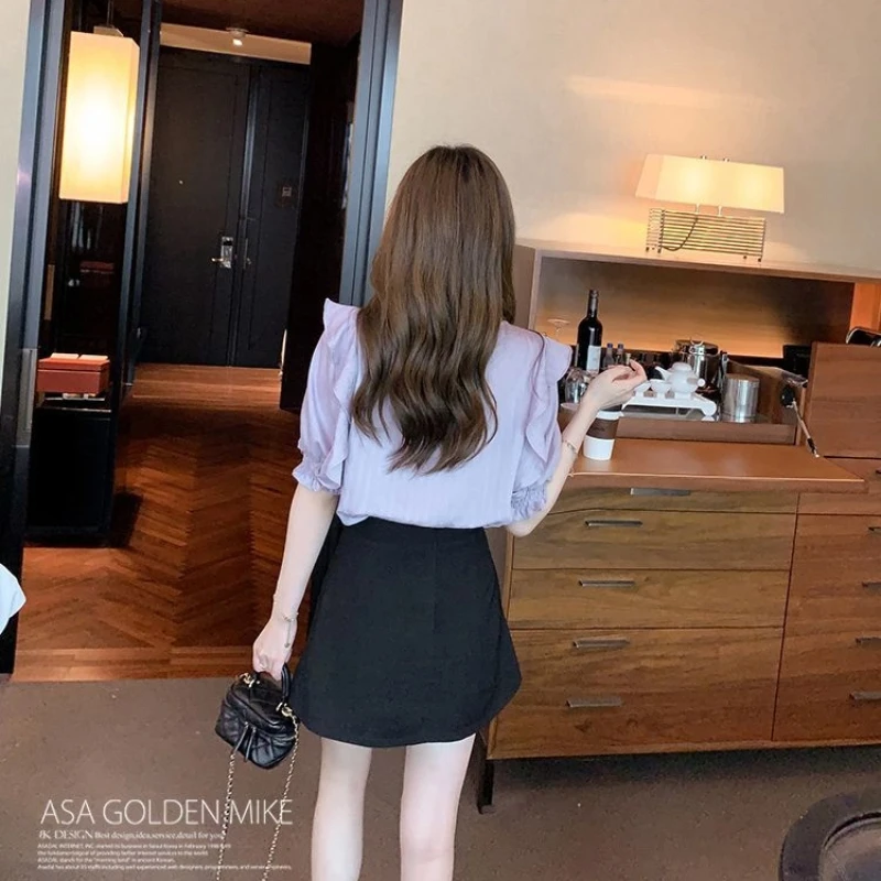 

Short Sleeve Ruffles Solid Temperament Blouse Summer New V Neck Bow Lacing Elegant Shirt Tops Fashion Cute Korean Women Clothing