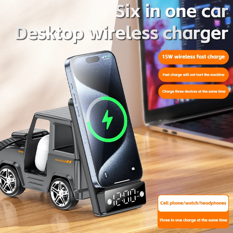 

2025 September New Design Double Coil Design Forklift Wireless Charger 6 in 1 Phone Wireless Charger for iPhone Earphone Watch