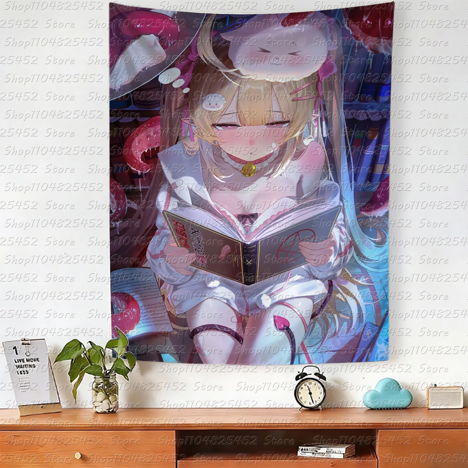 Kawaii Blonde Anime Girl Tapestry, Demon Witch Magic Book Wall Hanging, Pastel Aesthetic Background Cloth for Bedroom Dorm