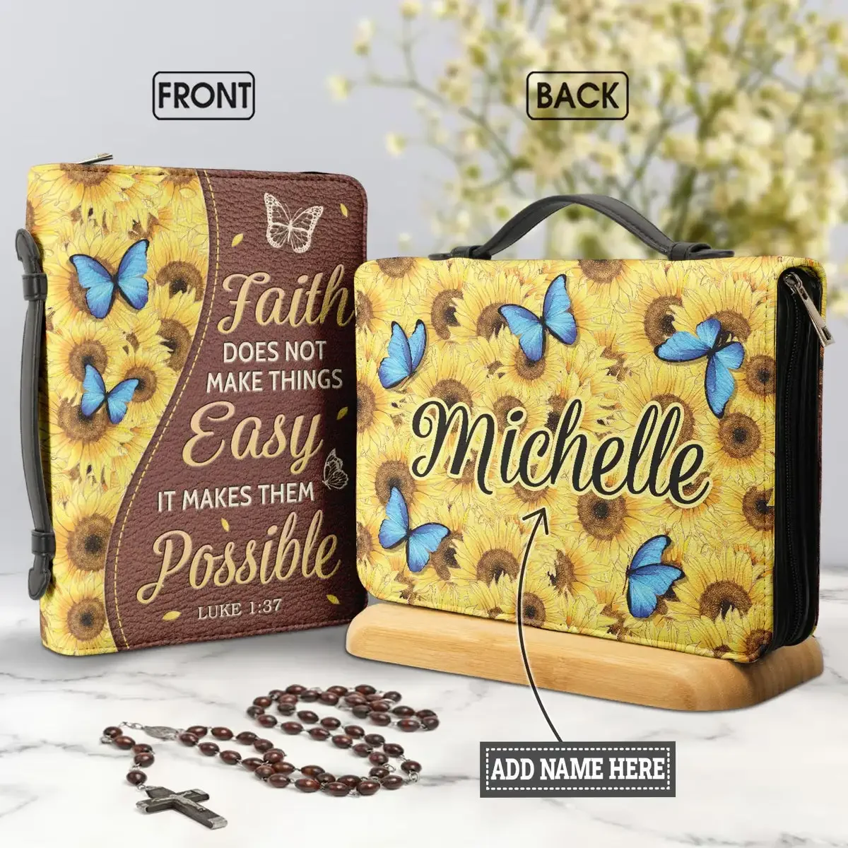 Faith Does Not Make Things Easy Bible Poetry Print bolsas de almacenamiento de la Biblia para mujer, Funda de cuero PU con mariposas girasol