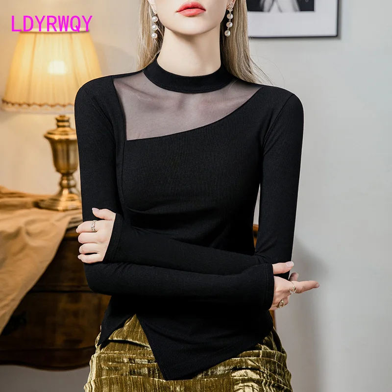 Half high neck mesh patchwork base shirt for women with slim fit and threaded 2024 autumn new women's black top