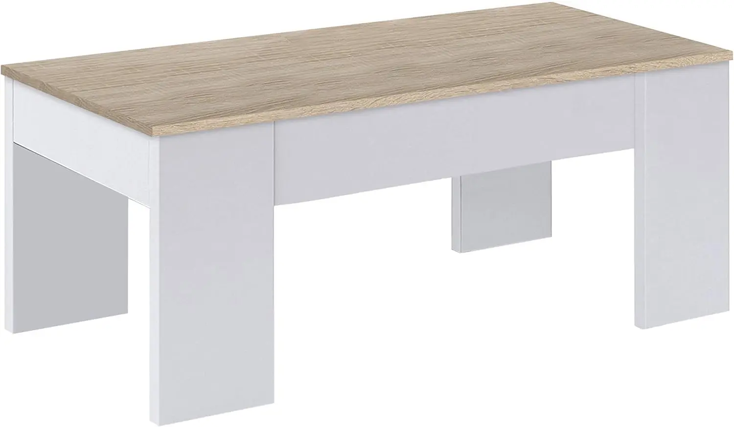 Mesa de Centro elevable, Mesita de Salón o Comedor, Modelo LC, Acabado en Color Blanco Artik y Roble Canadiense, Medidas: 100 cm