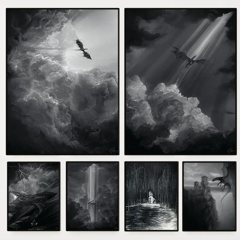 Black and White Fantasy Dragon Stag Poster Vintage Storm RiderFourth Wing Canvas Painting Wall Art for Living Room Home
