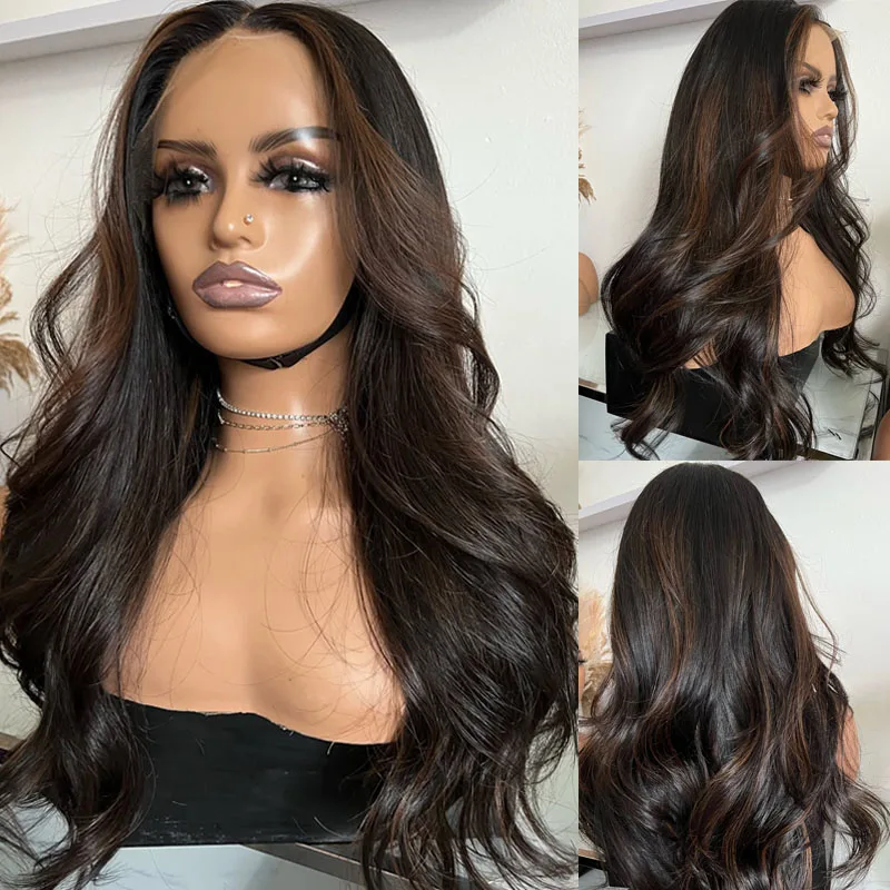 

Natural Loose Wavy Highlight Coffee Brown Remy HUman Hair 360 Lace Frontal Wigs for Black Women Glueless 5x5 HD Lace Wigs