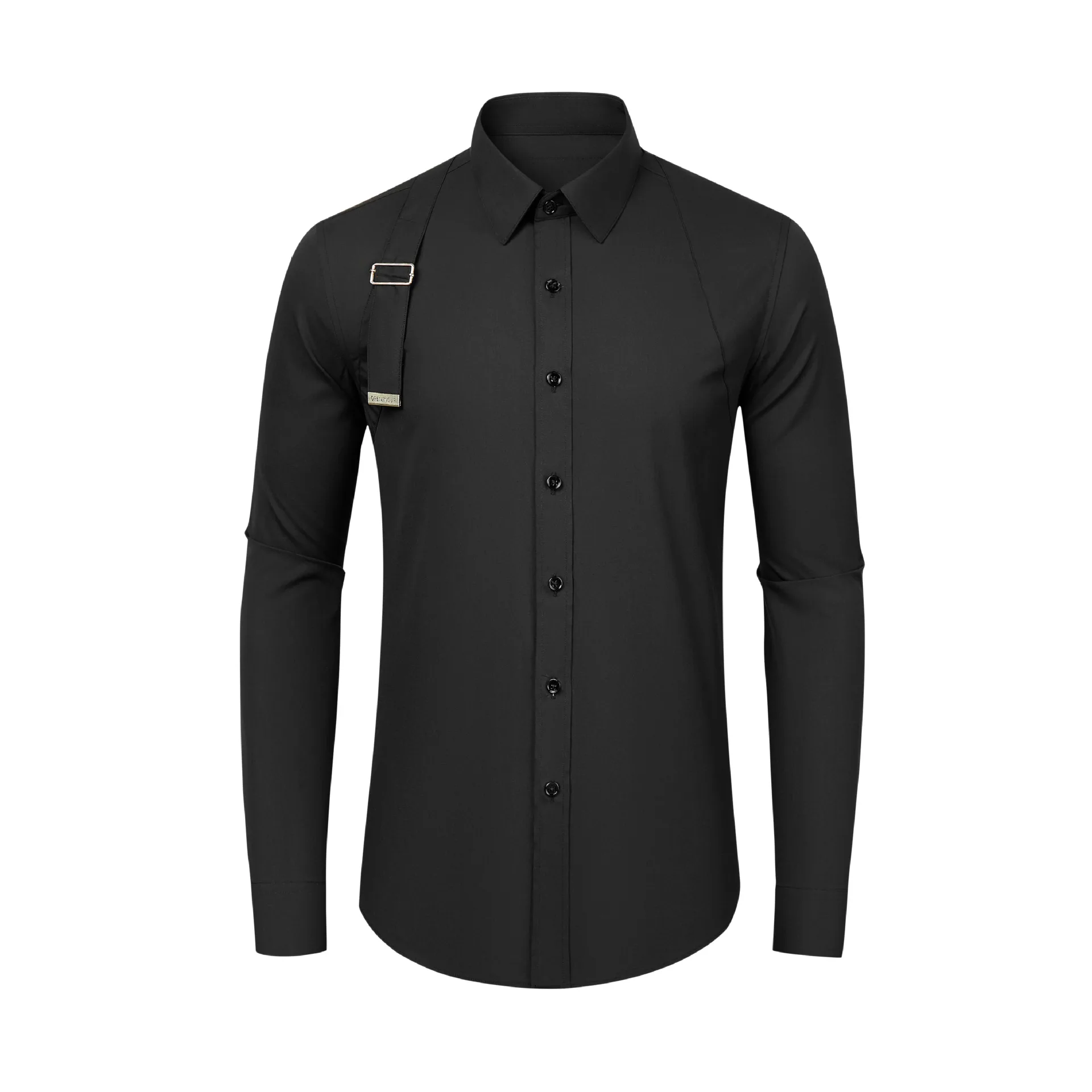 New product shoulder strap buckle color splicing workwear long sleeved men's shirt avant-garde slim fit stylish and cool top