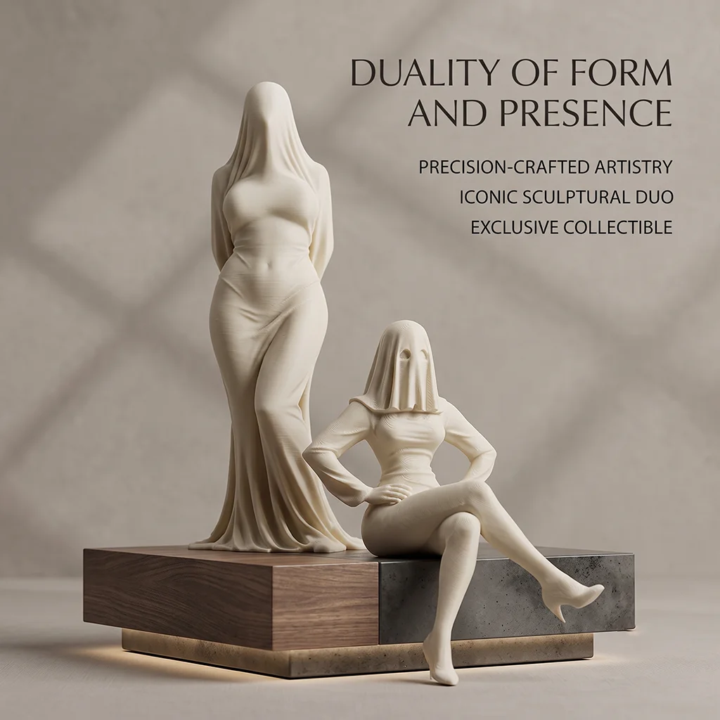 Abstract Minimalist Veiled Ghost 2-Piece Statue Ornament, Duality of Form Art Sculpture Desk Decor. Perfect for Collection, Quirky Humorous Holiday Gag Gift & Spooky Halloween Decorations for Home Office Aesthetics