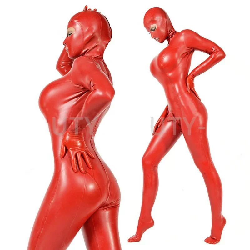 Latex Rubber Gummi  Catsuit Glove Full-body Bodysuit Tights Red Fetish