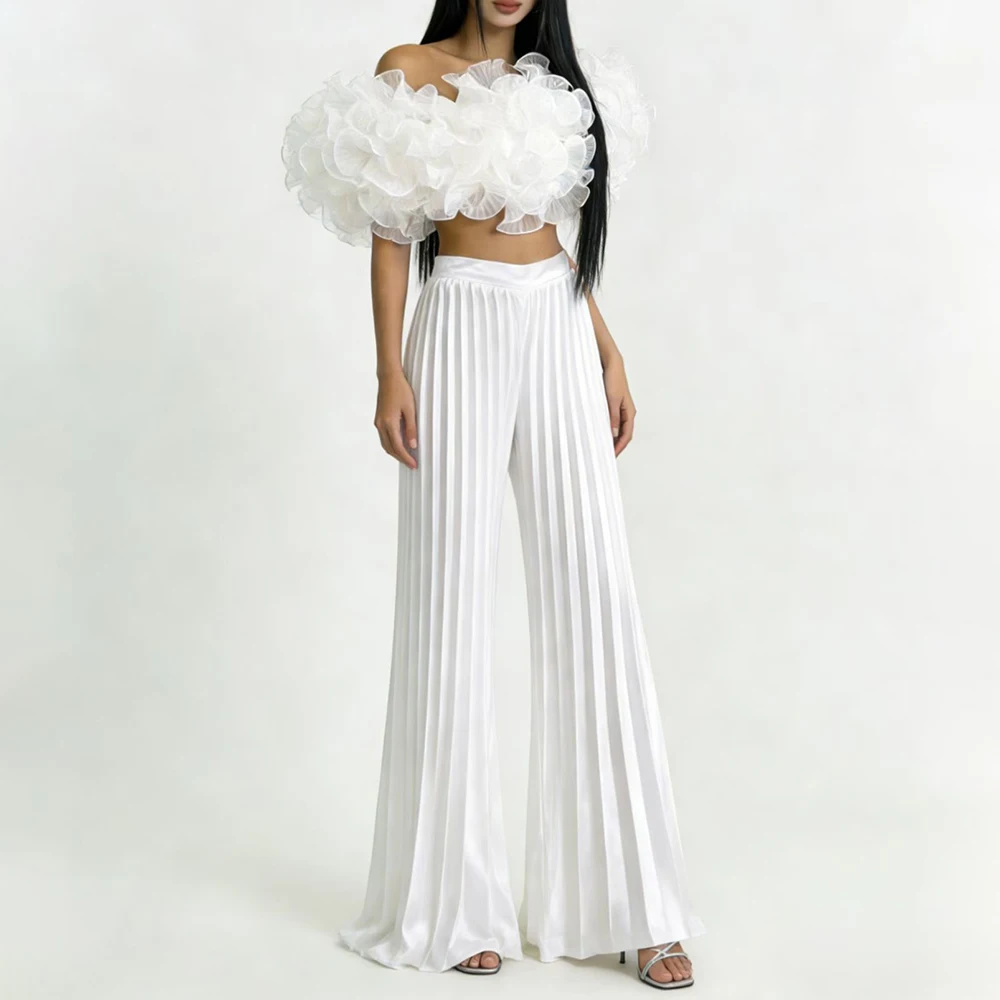 TWOTWINSTYLE Solid Spliced Fungus Two Piece Set Female Strapless Sleeveless Top Minimalist Luxury Women's Trousers Set Fashion