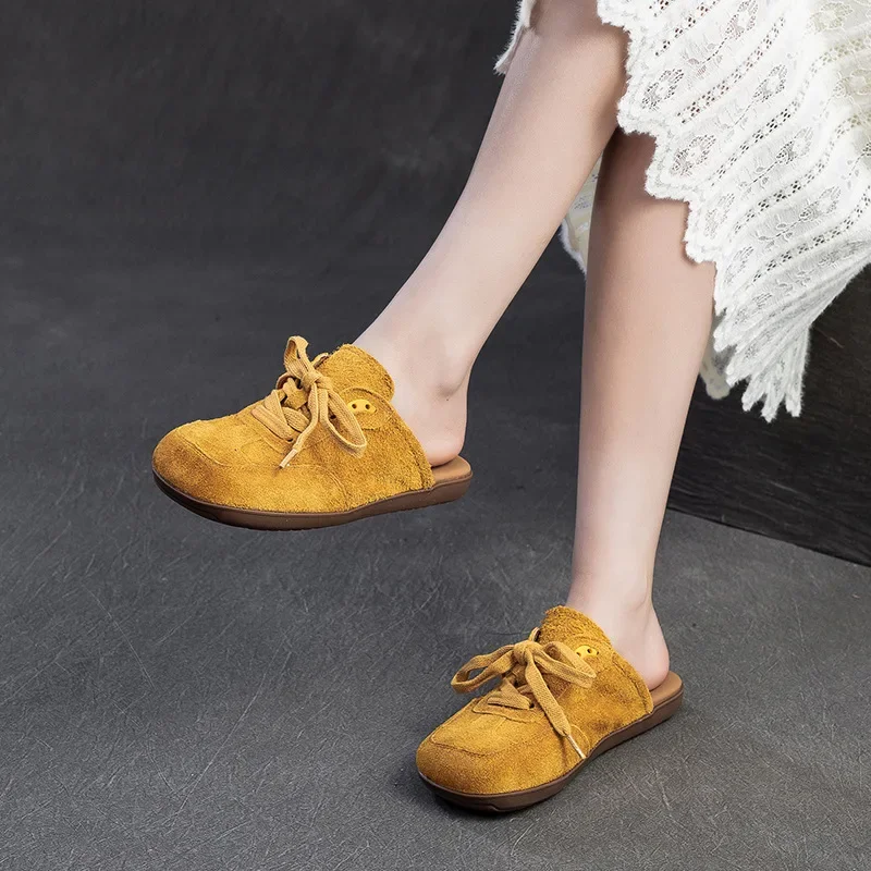 

2,5 см этнические модные тапочки из 100% коровьей замши из натуральной кожи, летние удобные женские туфли без шнуровки с круглым носком на плоской подошве для отдыха, женская обувь