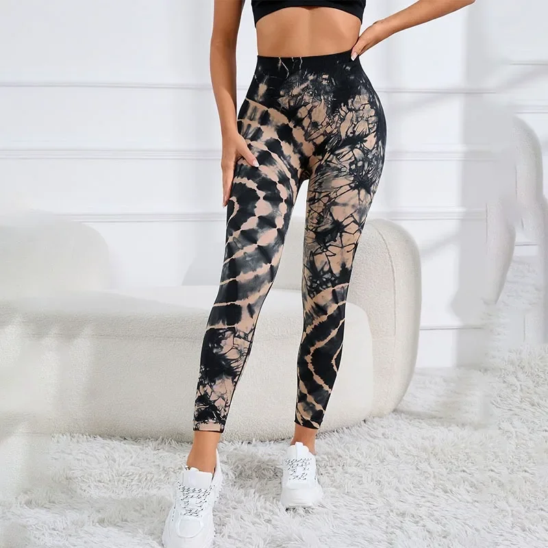 Seamless Tie Dye Leggings Women Fitness High Elastic Leggings High Waist Hip Liftting Fashion Knit Pants Gym Workout Slim Tights