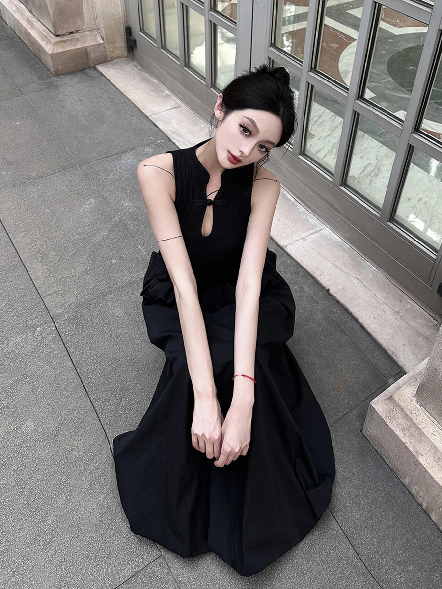 RORORIRI Retro łączona wzburzona bufiasta długa sukienka Maxi damska bez rękawów solidna dzianina wycięcie czarna Cheongsam neo-chińska suknia wieczorowa