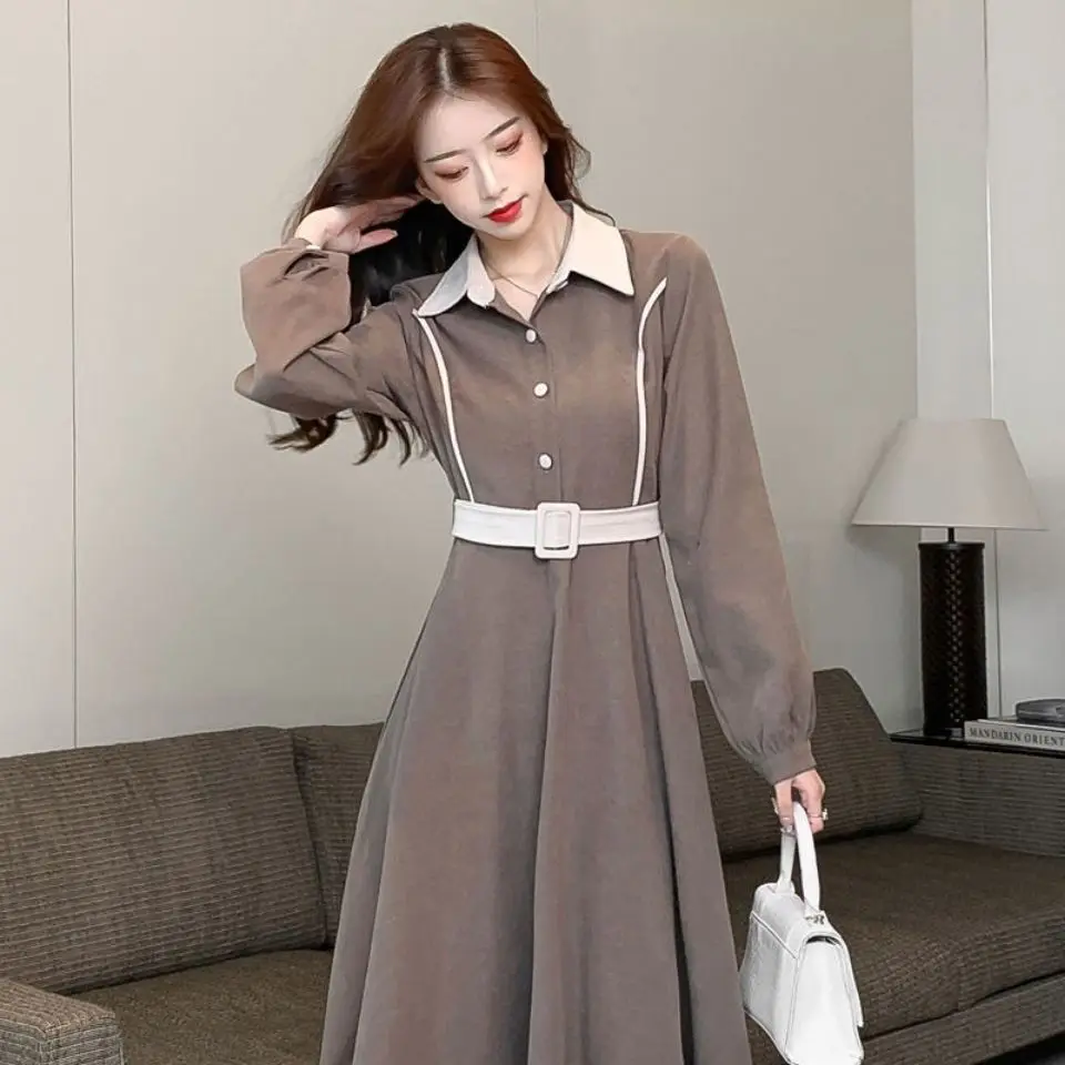 Spring Vintage Waist Dress French Turn-down Collar Long Sleeves Shirt Skirt Fashion Sashes Panelled Lantern Sleeve Long Dresses