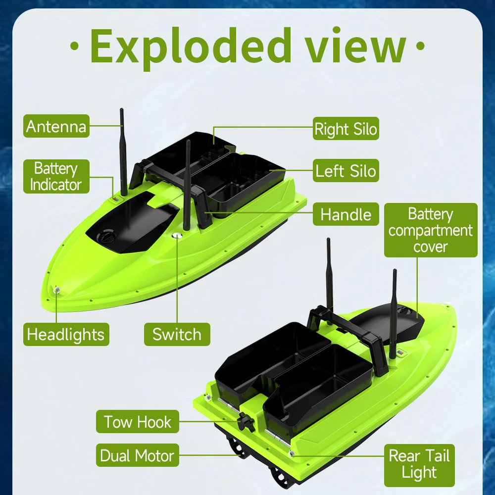53CM Sonar Fish Finder Fixed Speed Cruise Nesting Boat 3KG Load Dual Hopper Fishing Bait Boat Remote Control Fish Boat Tool