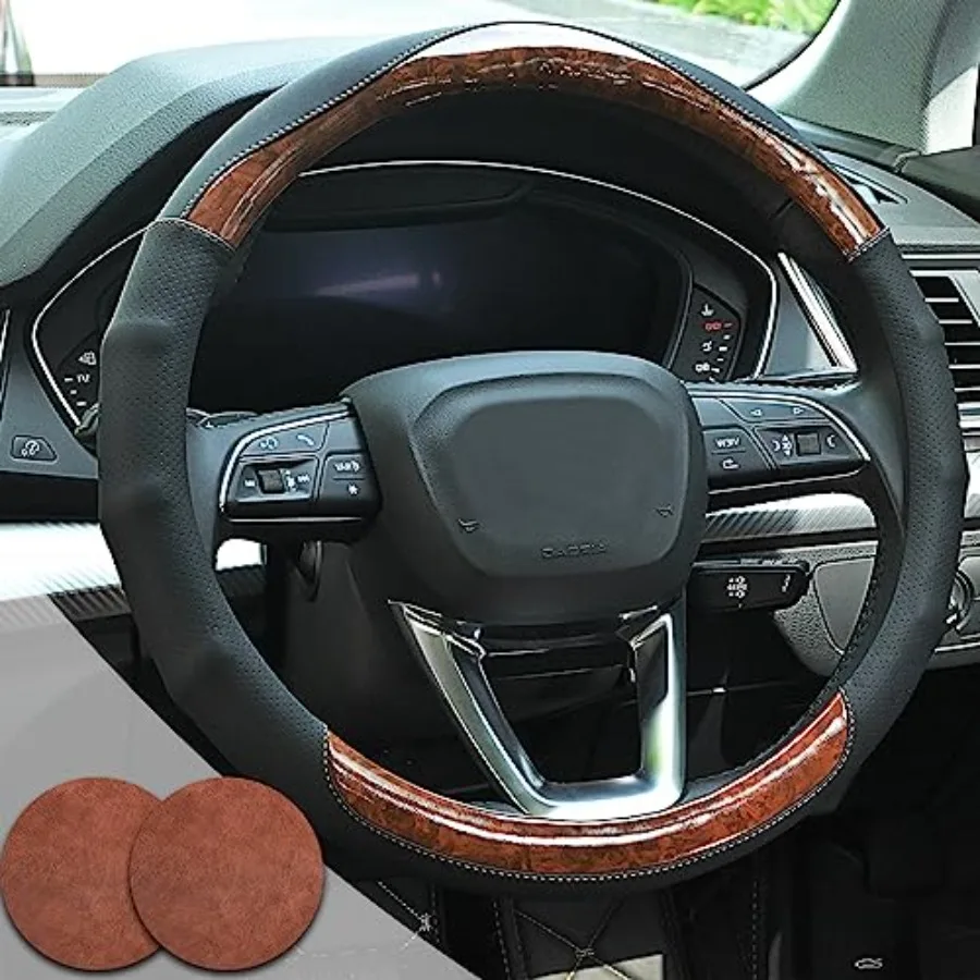

Wood Grain Steering Wheel Cover Car Steering Wheel Covers 4.5-5 inch with Coasters Microfiber Leather Splicing Breathable Anti-